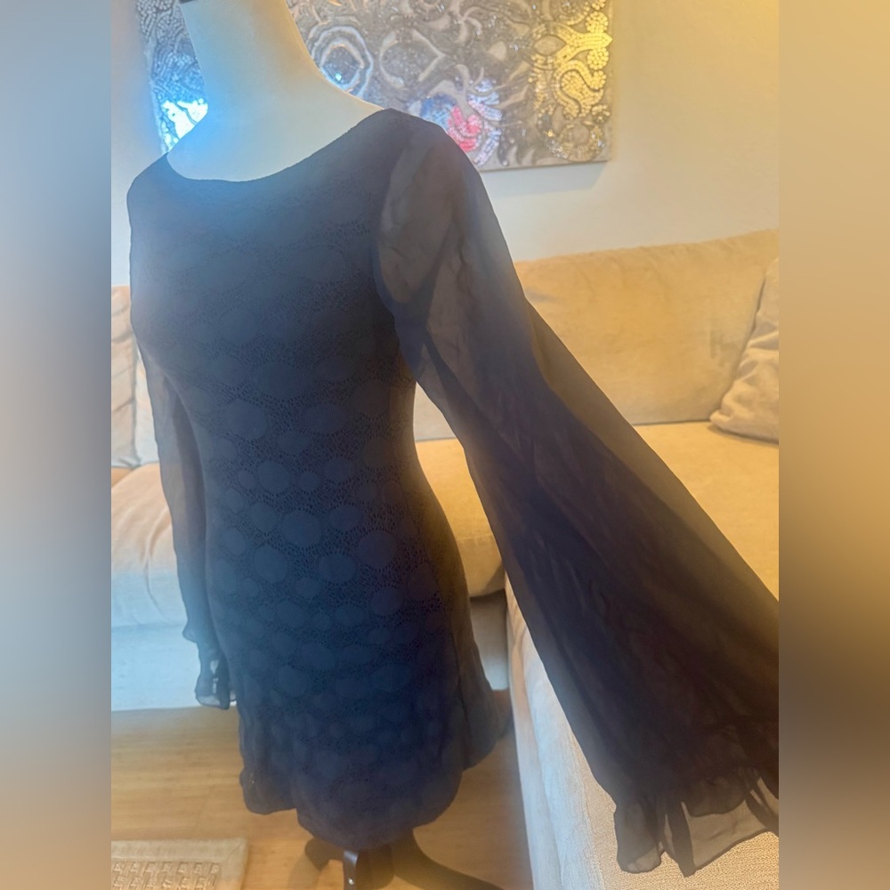 TNFC London- Chic Black Crotchet bodice, Long sheer bell-Sleeve Dress, Size S